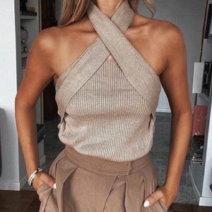 Tan knit top from isola clothing on Instagram